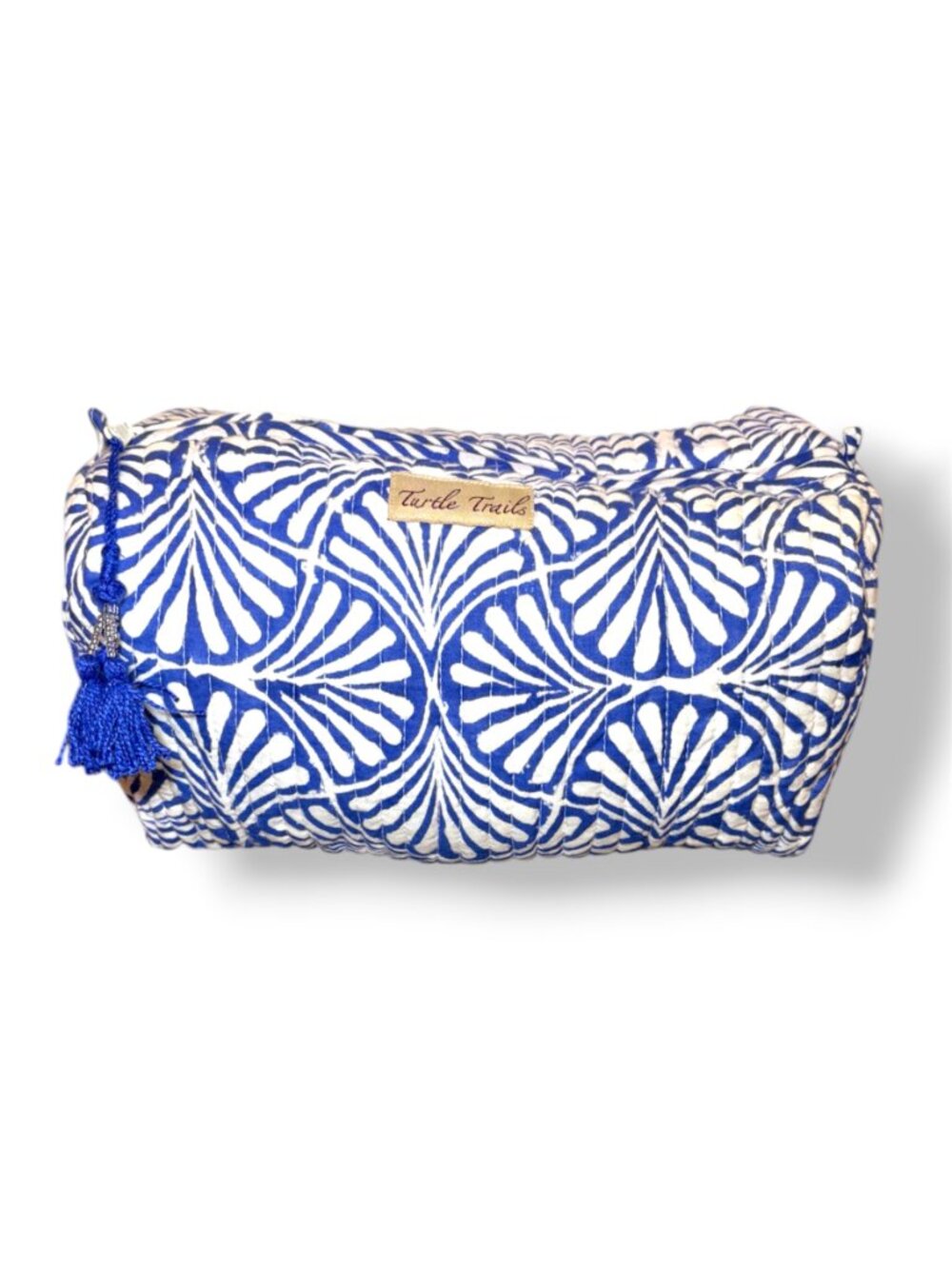 Blue & White Fan Shell Quilted Cotton Block Print Large Cosmetics Pouch Bag